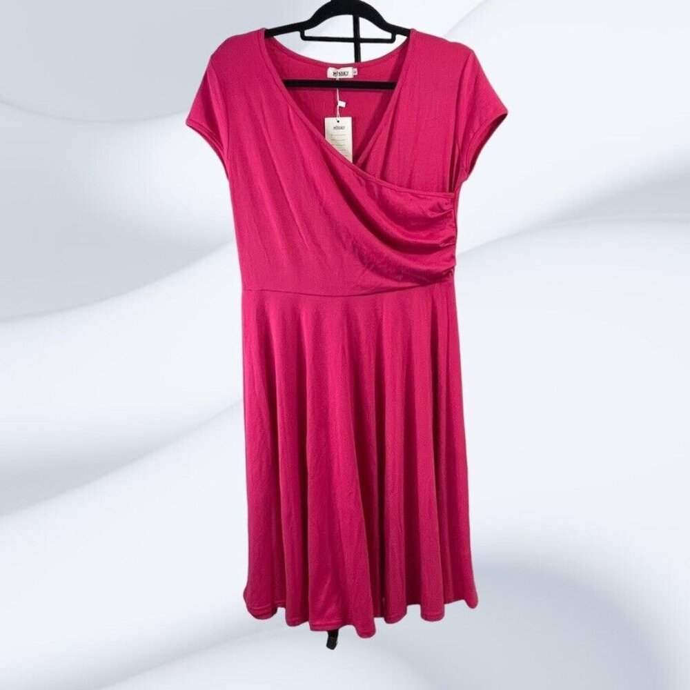 MissKY Womens Pink Faux Wrap V-Neck Short Sleeve Knee A-Line Swing Dress‎ Size L